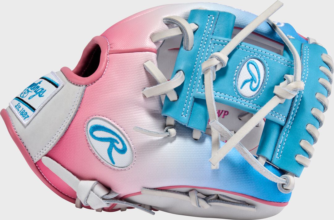 Rawlings Sale | Exclusive Heart of the Hide 11.5-Inch Pink/Columbia Blue infield Glove Right Hand Throw
