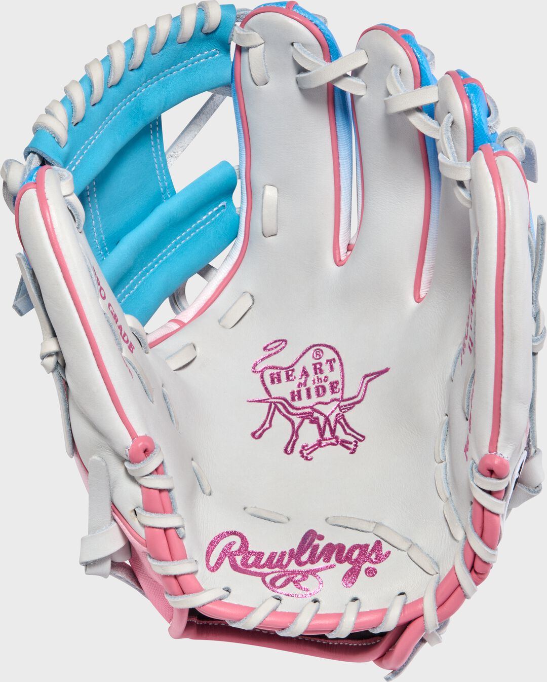 Rawlings Sale | Exclusive Heart of the Hide 11.5-Inch Pink/Columbia Blue infield Glove Right Hand Throw
