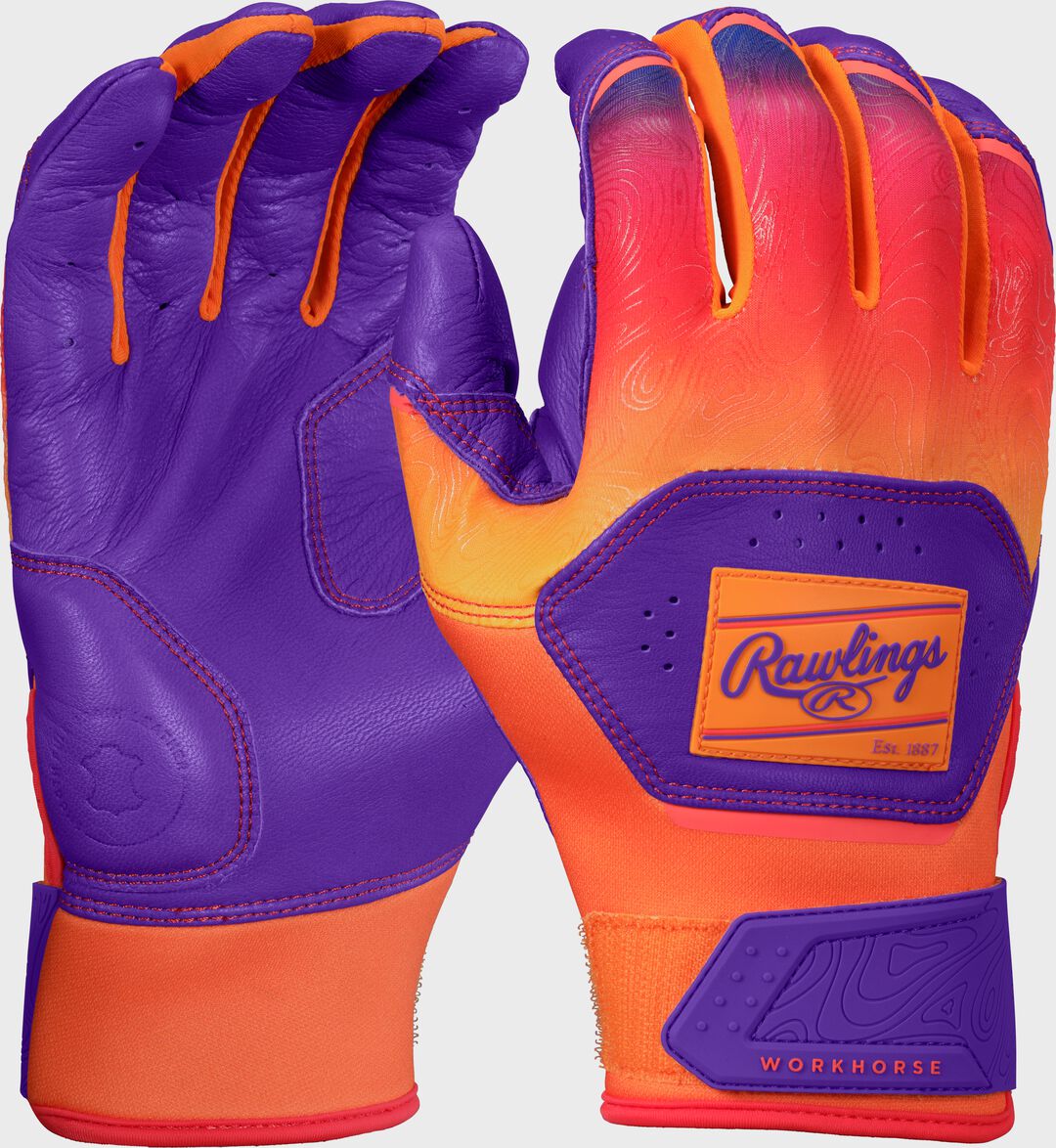 Rawlings Sale | Rawlings Workhorse Purple/Orange Youth Fun Burst Batting Gloves