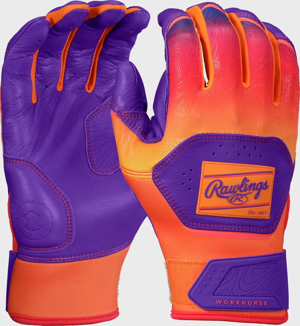 Rawlings Sale | Rawlings Workhorse Purple/Orange Youth Fun Burst Batting Gloves